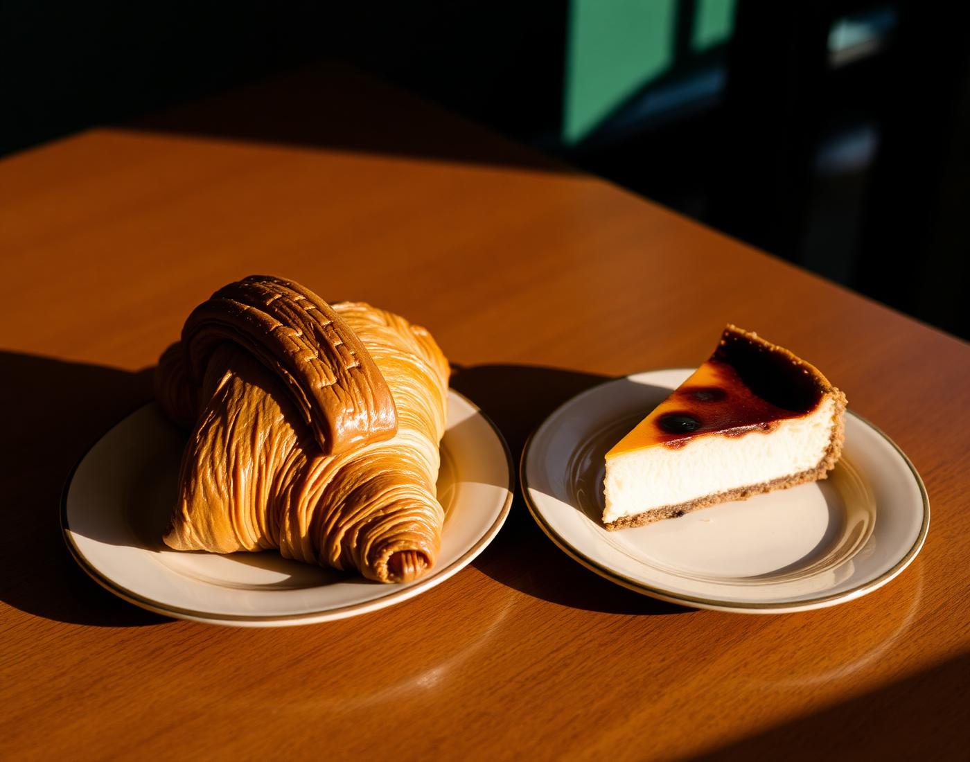 Croissant and basque cheesecake on cream plates