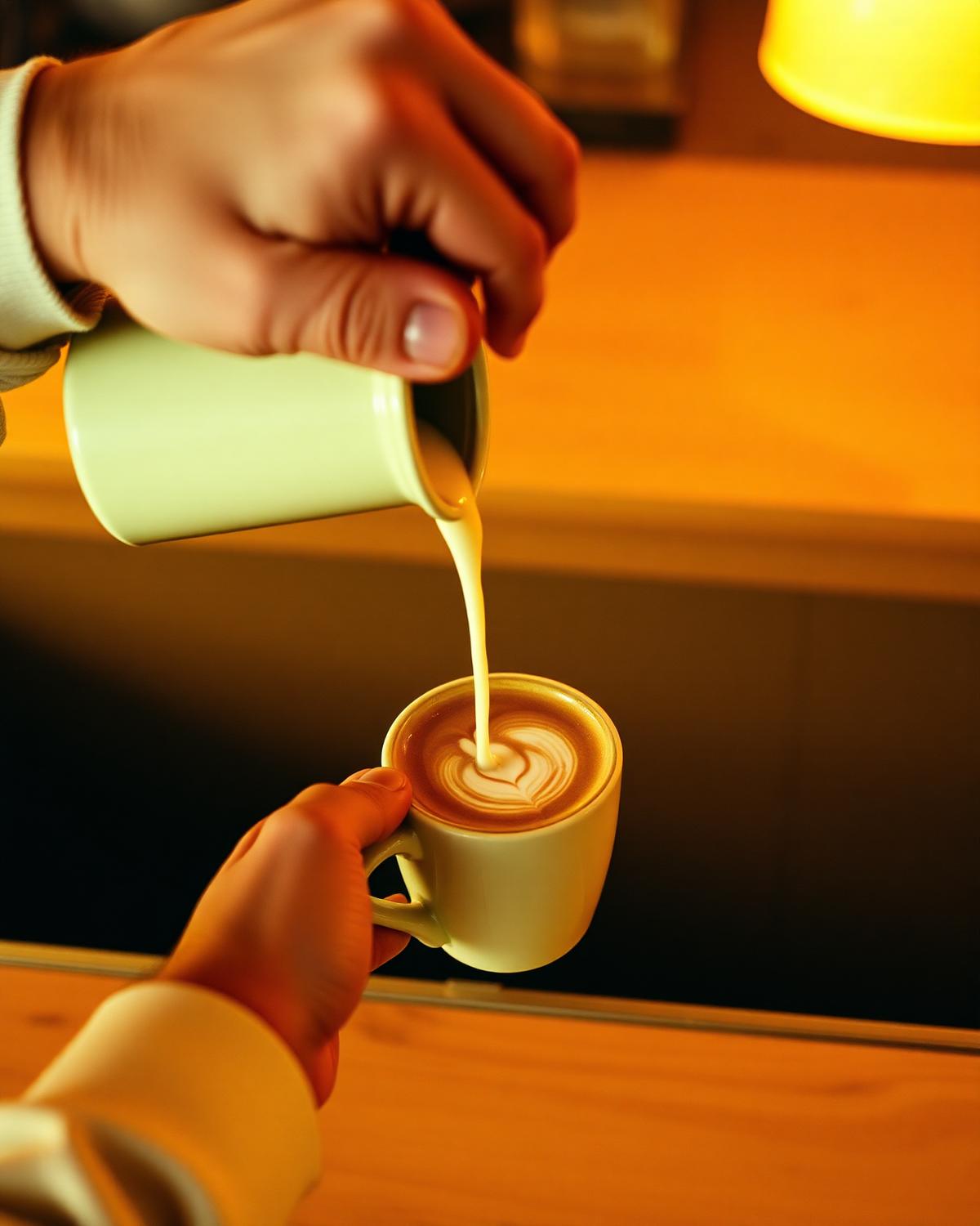 Barista pouring milk into espresso